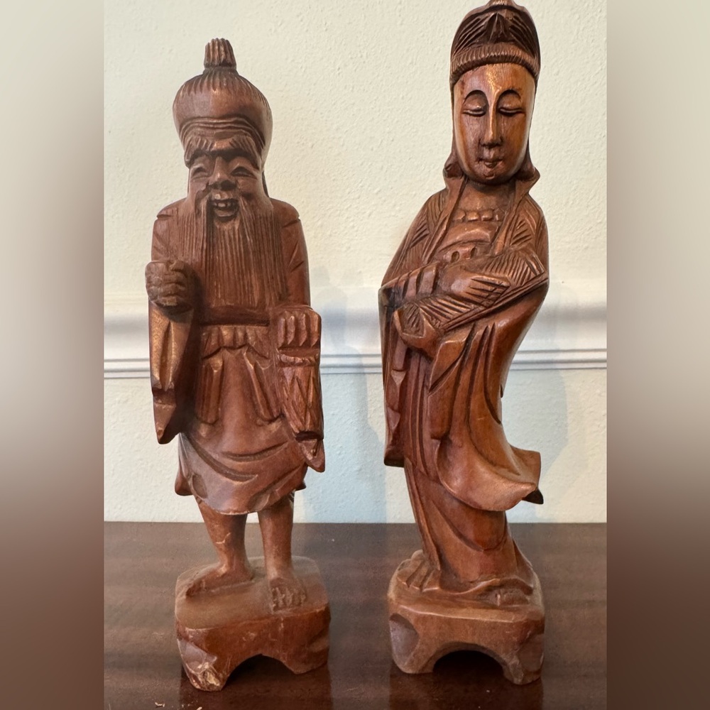 Vintage Hand-Carved Wooden Asian Figurine Pair – Monk & Goddess Statues